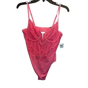 INC International Concepts Lingerie Micro Lace Bodysuit Pink Gemstone Large New